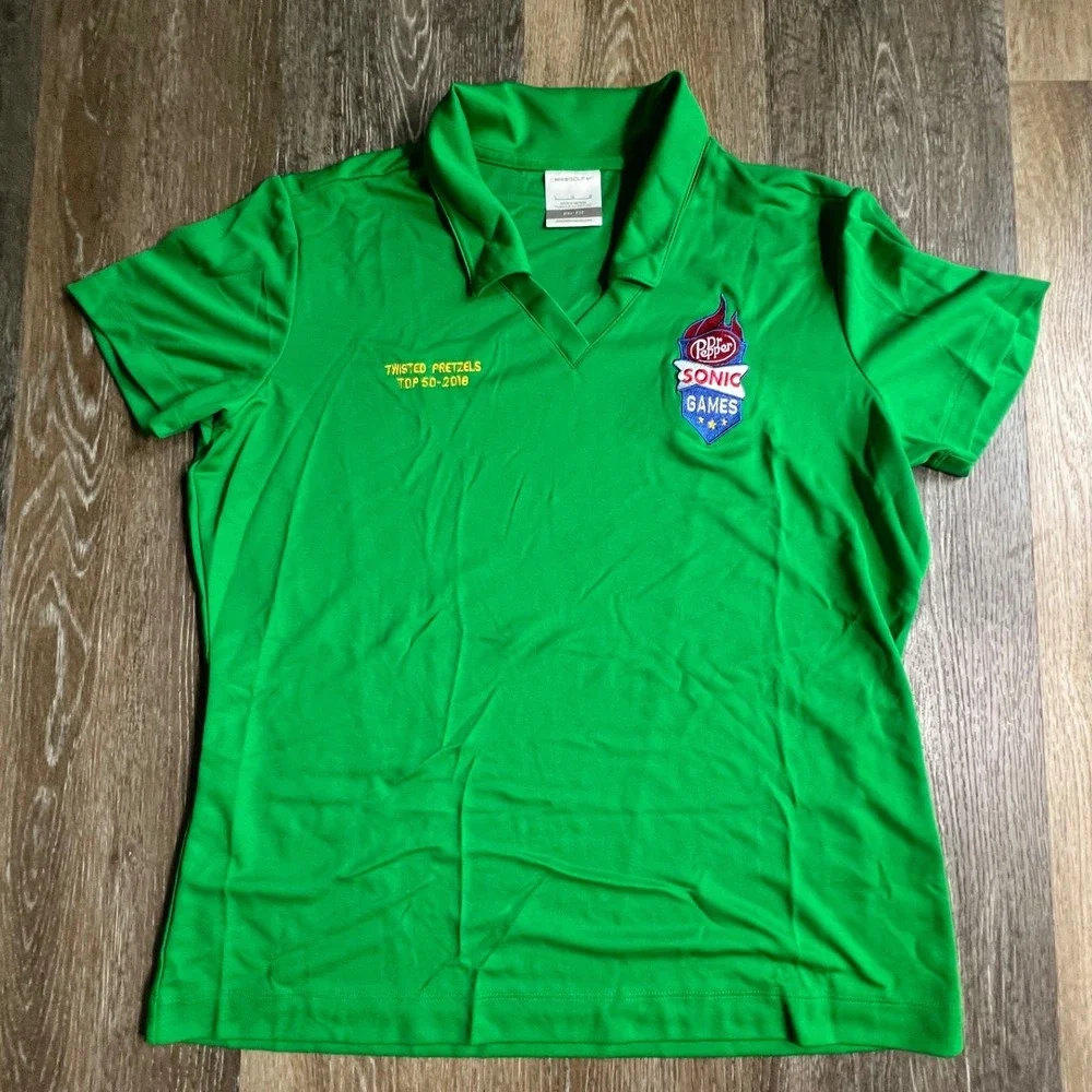 Nike Golf Polo Shirt Womens Large Green Dr Pepper Sonic Games Twisted Pretzels